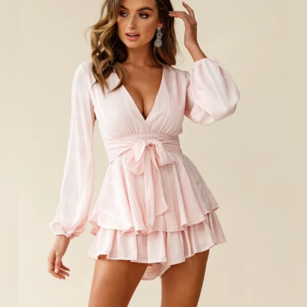 Baby Pink Long Sleeve Checkered Window Pane Romper